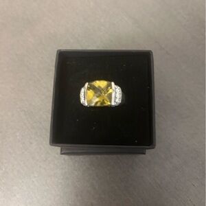 Judith Ripka Sterling Silver checkerboard faceted Citrine (tested) Ring, size 6,